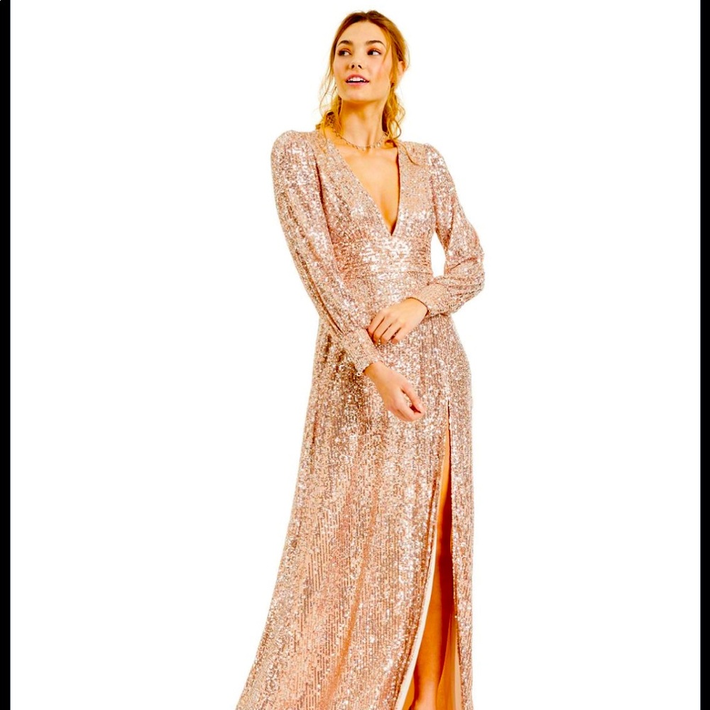 Full length blush/rose gold gown with tags